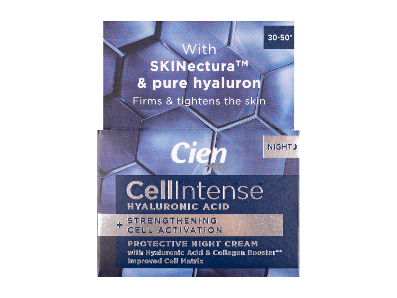 Crema de noapte Cien CellIntense cu acid hialuronic, pentru fermitate și strângere a pielii.