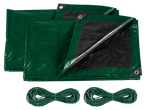 PARKSIDE® tarpaulin assortment with three green tarpaulins and two bundles of rope.