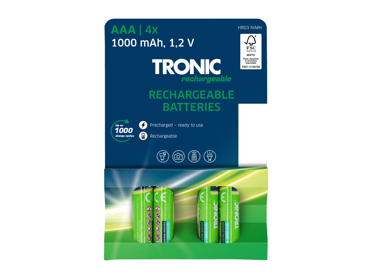 Packaging for four AAA rechargeable batteries, 1000 mAh, 1.2 V, precharged and ready to use.