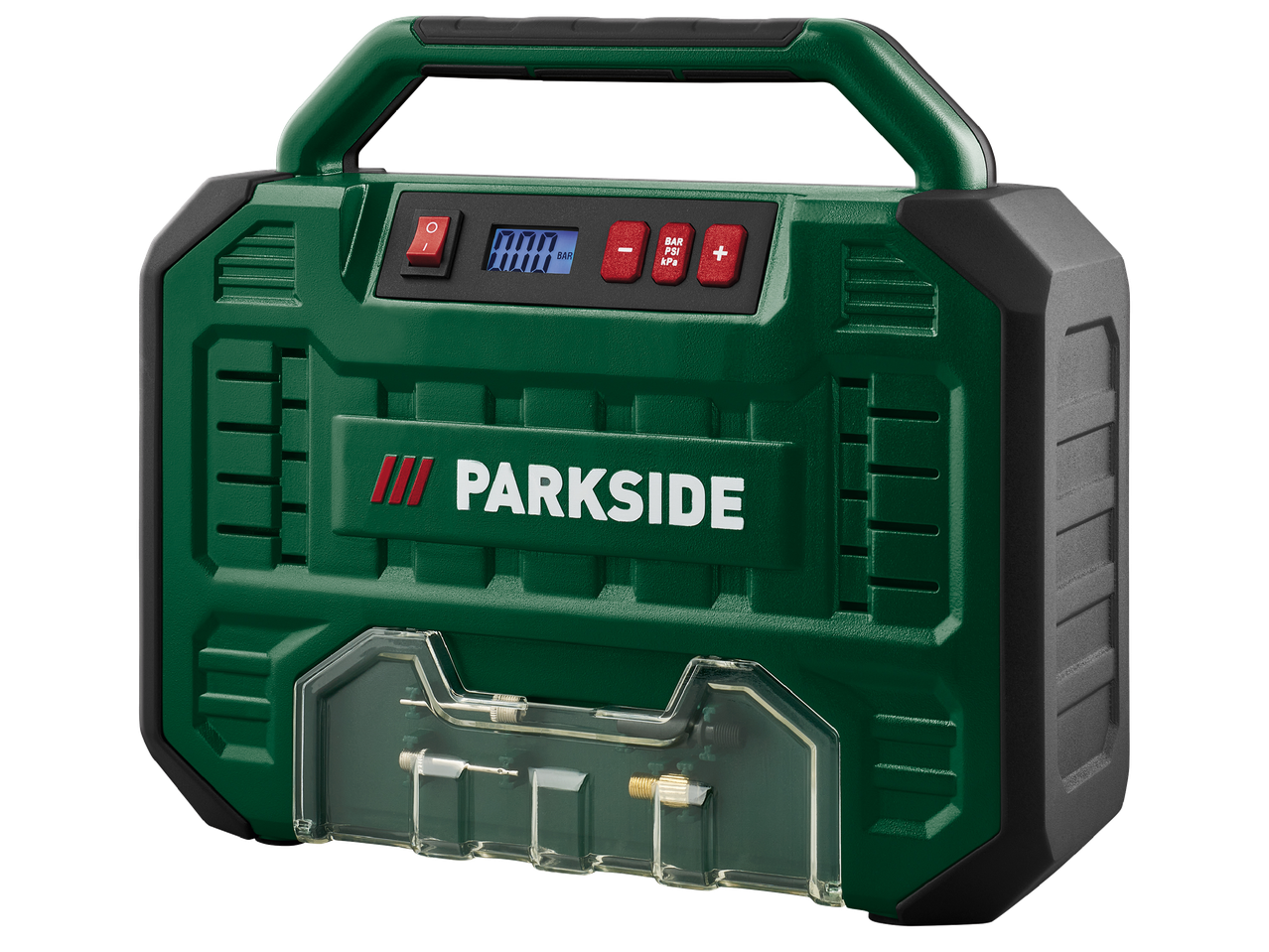 Преносим компресор за гуми със зелен корпус, цифров дисплей и различни накрайници.