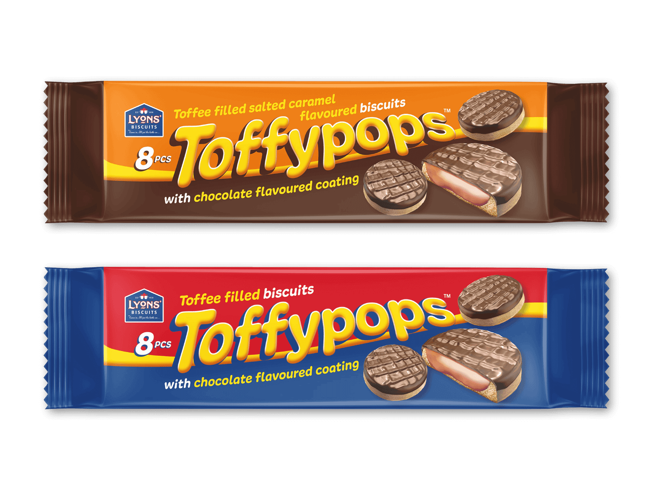 To pakker toffee-fyldte kiks med chokoladesmag, den ene med saltkaramel.
