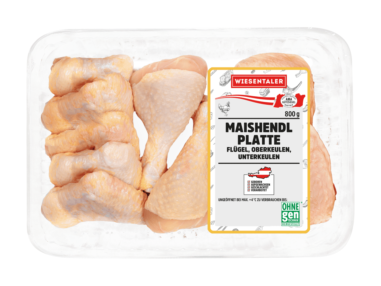 Wiesentaler Maishendl Platte mit Flügeln, Oberkeulen und Unterkeulen, 800g