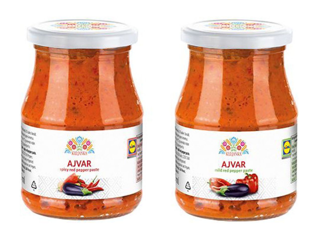Two jars of red pepper paste, one spicy and one mild, with eggplant and peppers on labels.