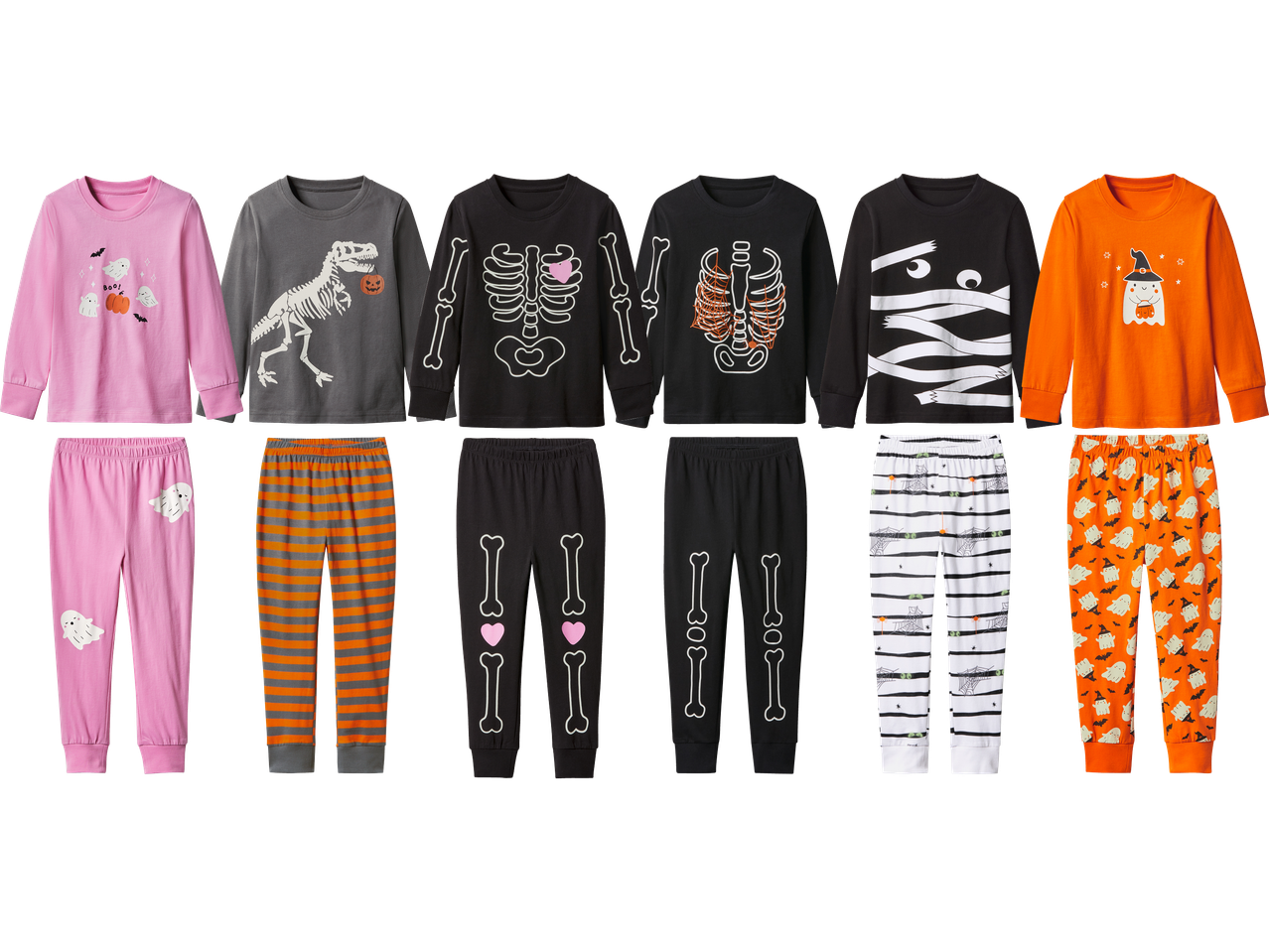 En samling Halloween-pyjamasar för barn med spöken, skelett och mumier.