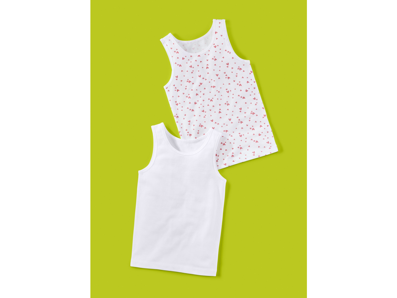 lupilu® Kids' Vests: two white vests, one plain and one with pink hearts pattern