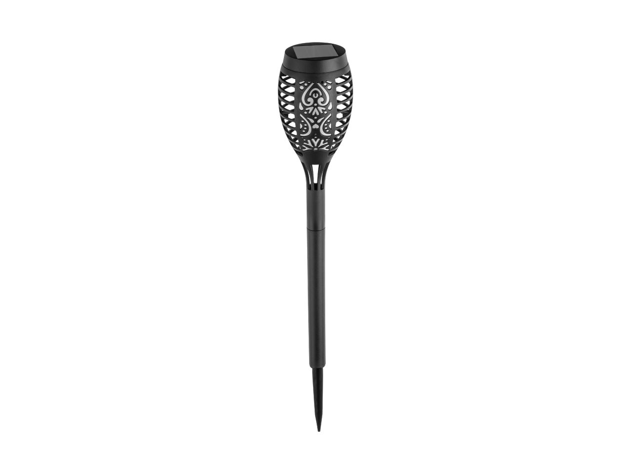 Black solar-powered garden torch with a decorative patterned top
