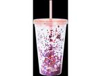 Glitter tumbler with red and purple glitter and straw.