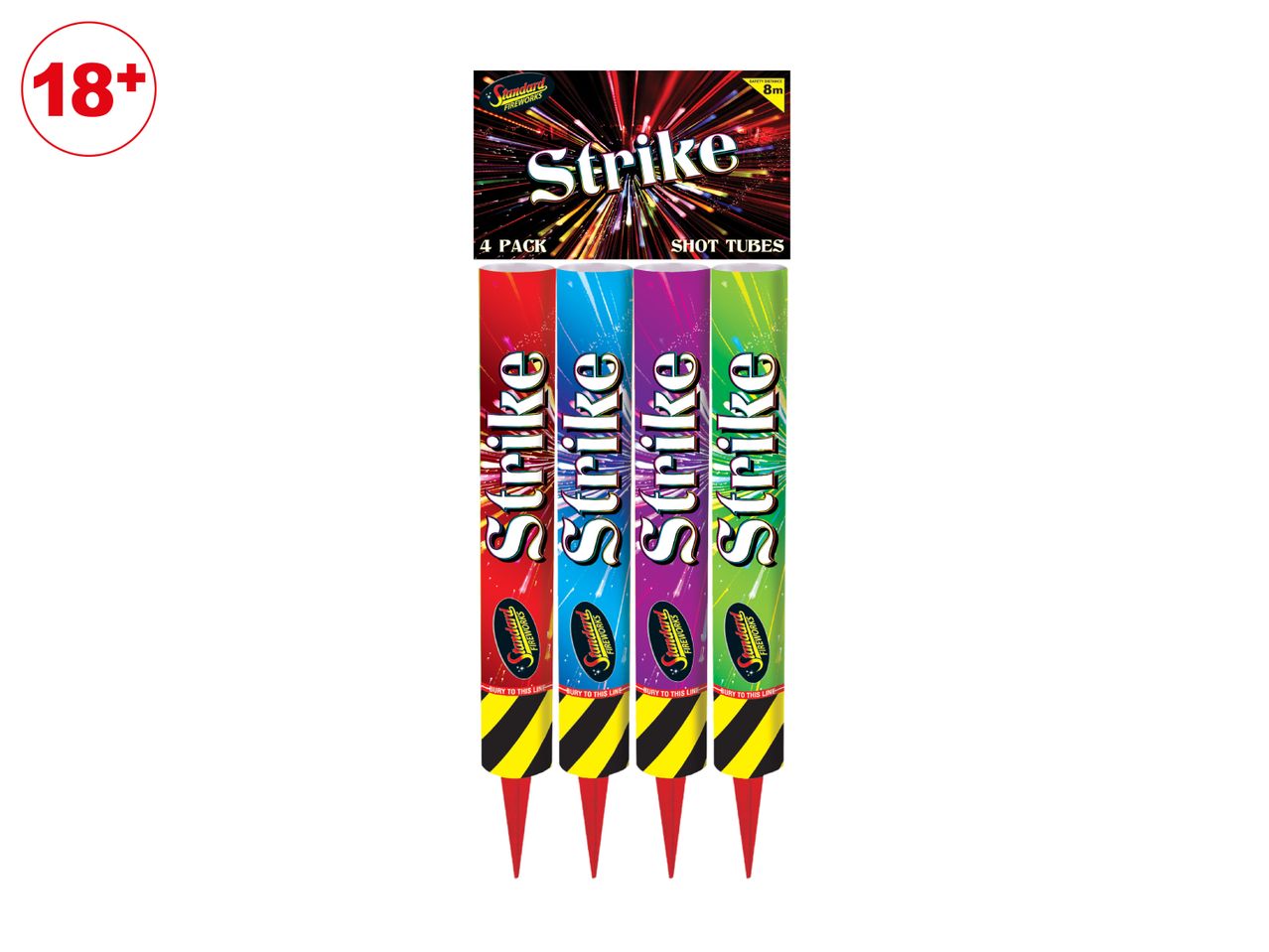 A 4-pack of colorful firework shot tubes with ground spikes, labeled 18+.