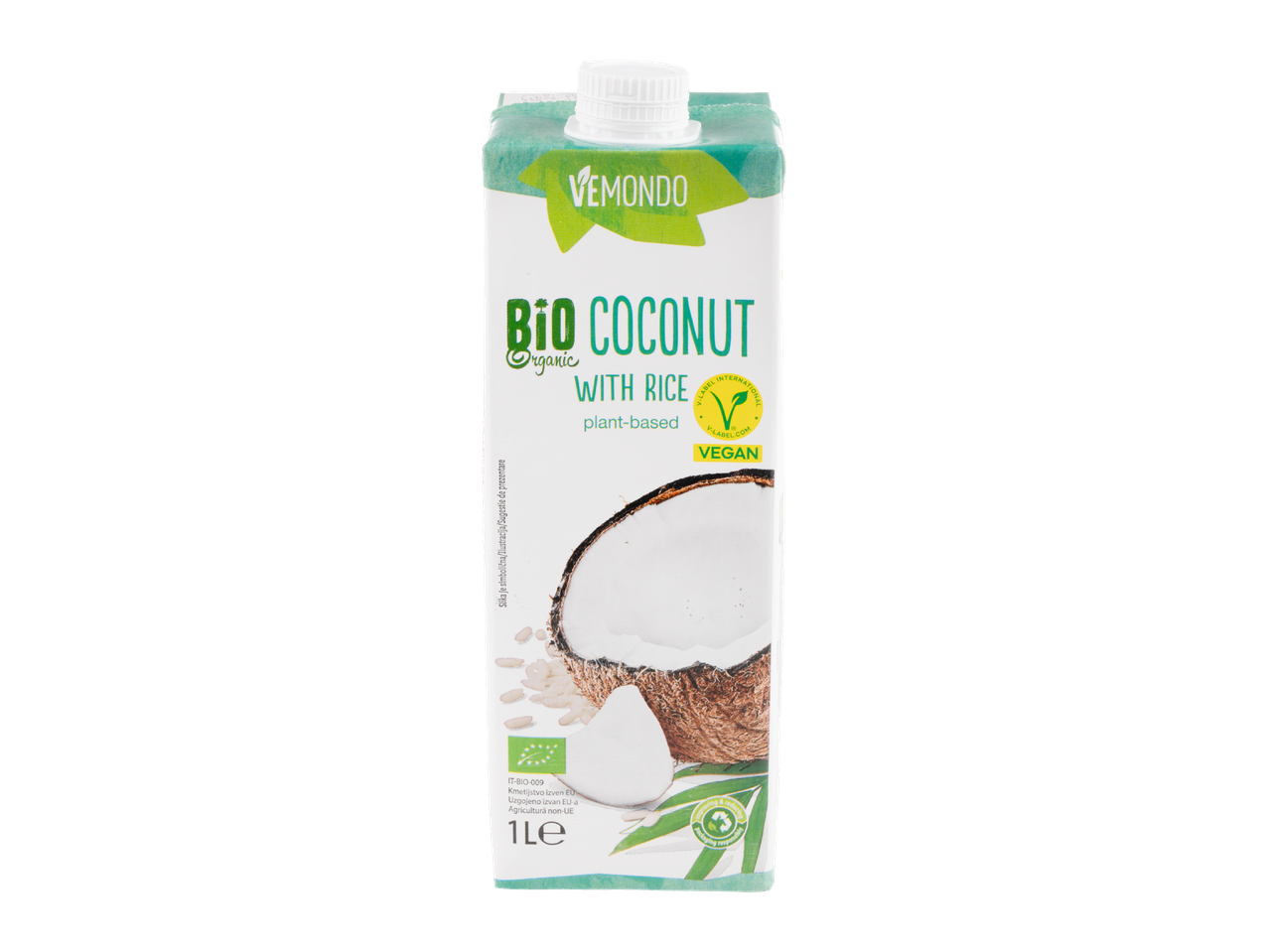 Băutură de orez și cocos bio organică Vemondo; vegană, pe bază de plante.