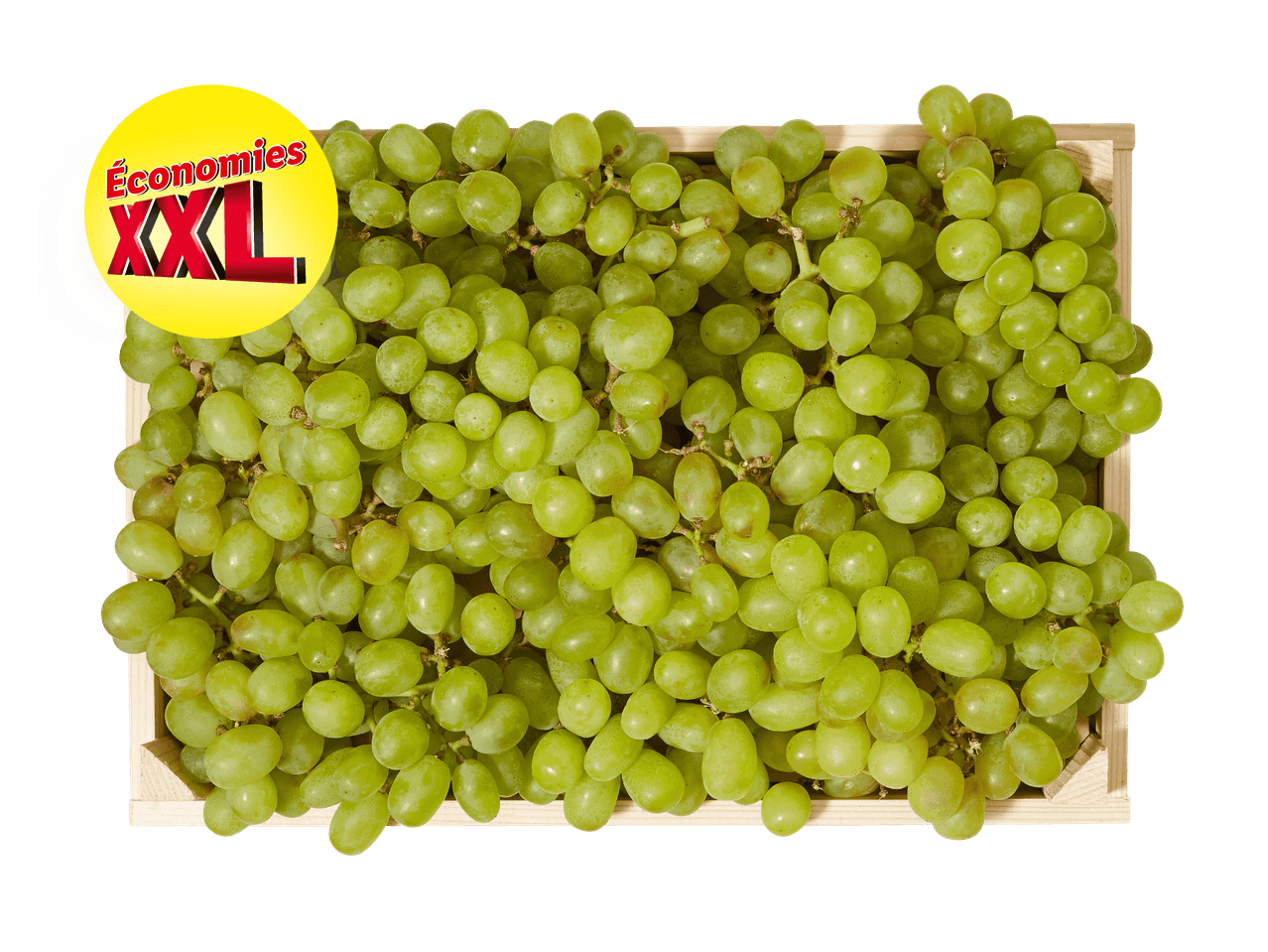 Raisins verts dans une caisse en bois avec une étiquette jaune