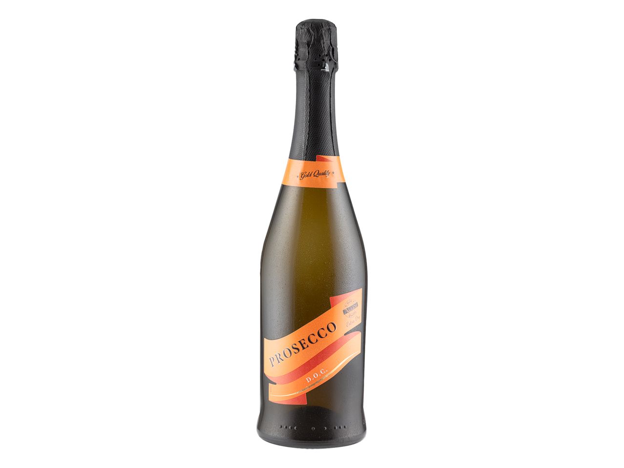 Prosecco D.O.C. sparkling wine bottle with an orange label.