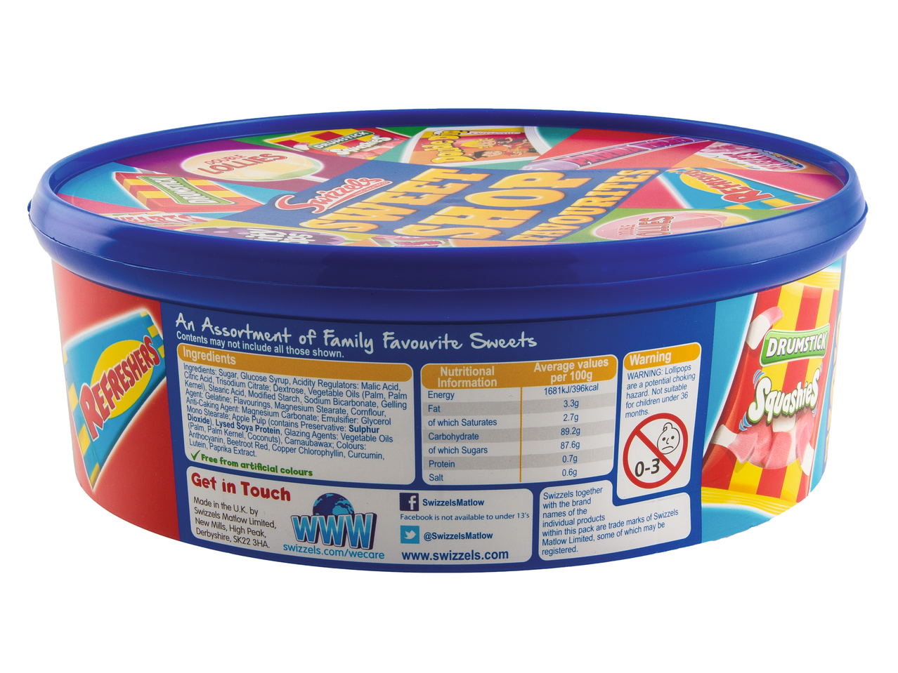 A tub of Swizzels sweets, featuring Refreshers, Drumstick Squashies, and other family favorites.