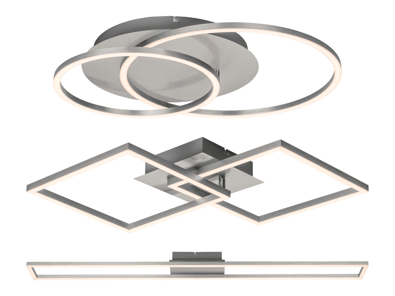 Kolme harjattua metallista LED-kattovalaisinta, joissa on pyöreitä ja neliömäisiä muotoja.