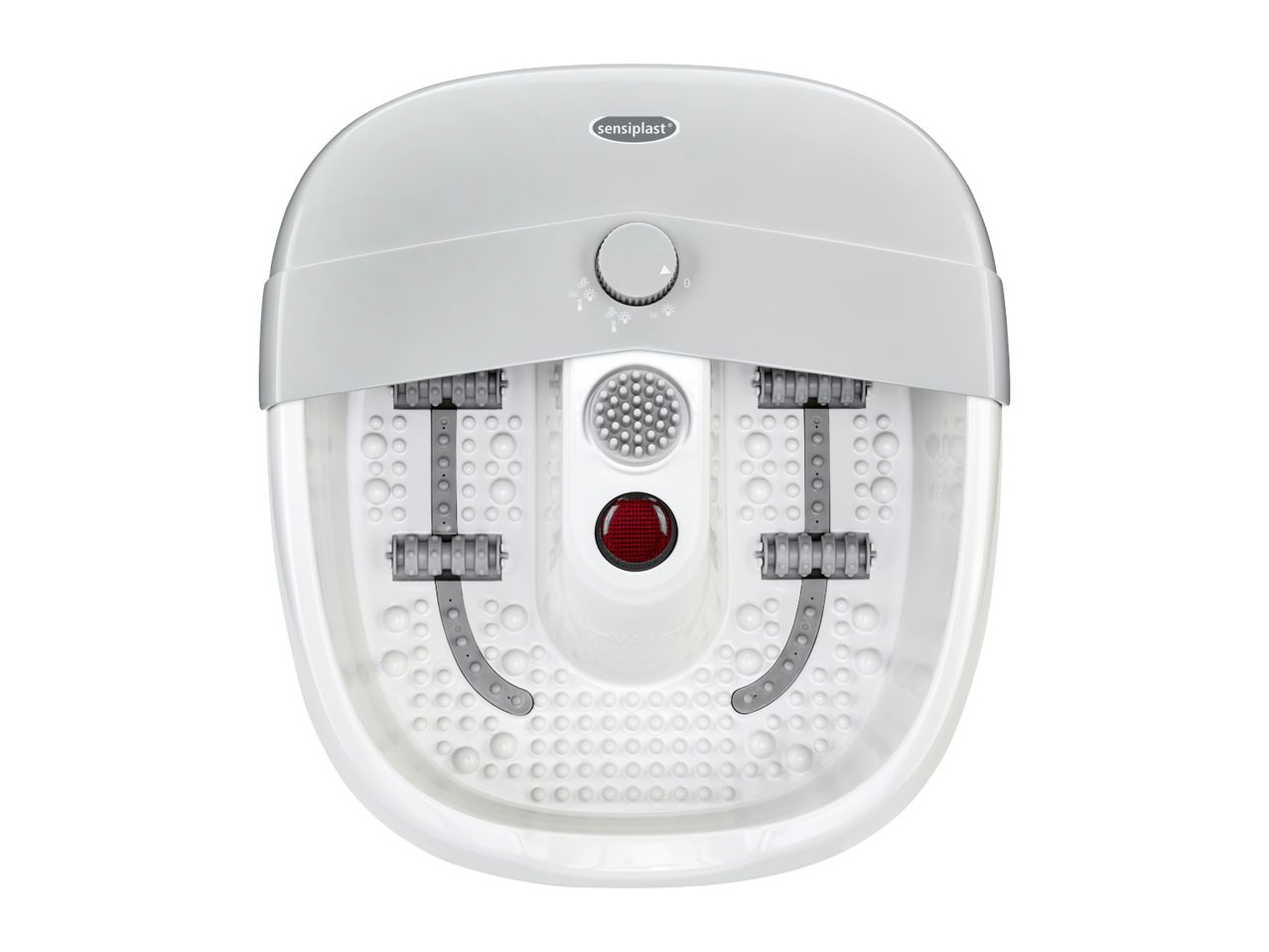 White foot spa with a control dial, massage rollers, and a red light, viewed from above.