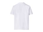 Back view of a white short-sleeved shirt with a collar, made from a textured fabric.
