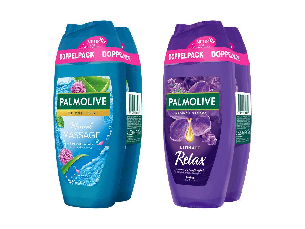 Doppelpacks Palmolive Thermal Spa Mineral Massage und Aroma Essence Ultimate Relax Duschgel.