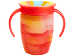 Munchkin toddler cup with two handles, bright colors.