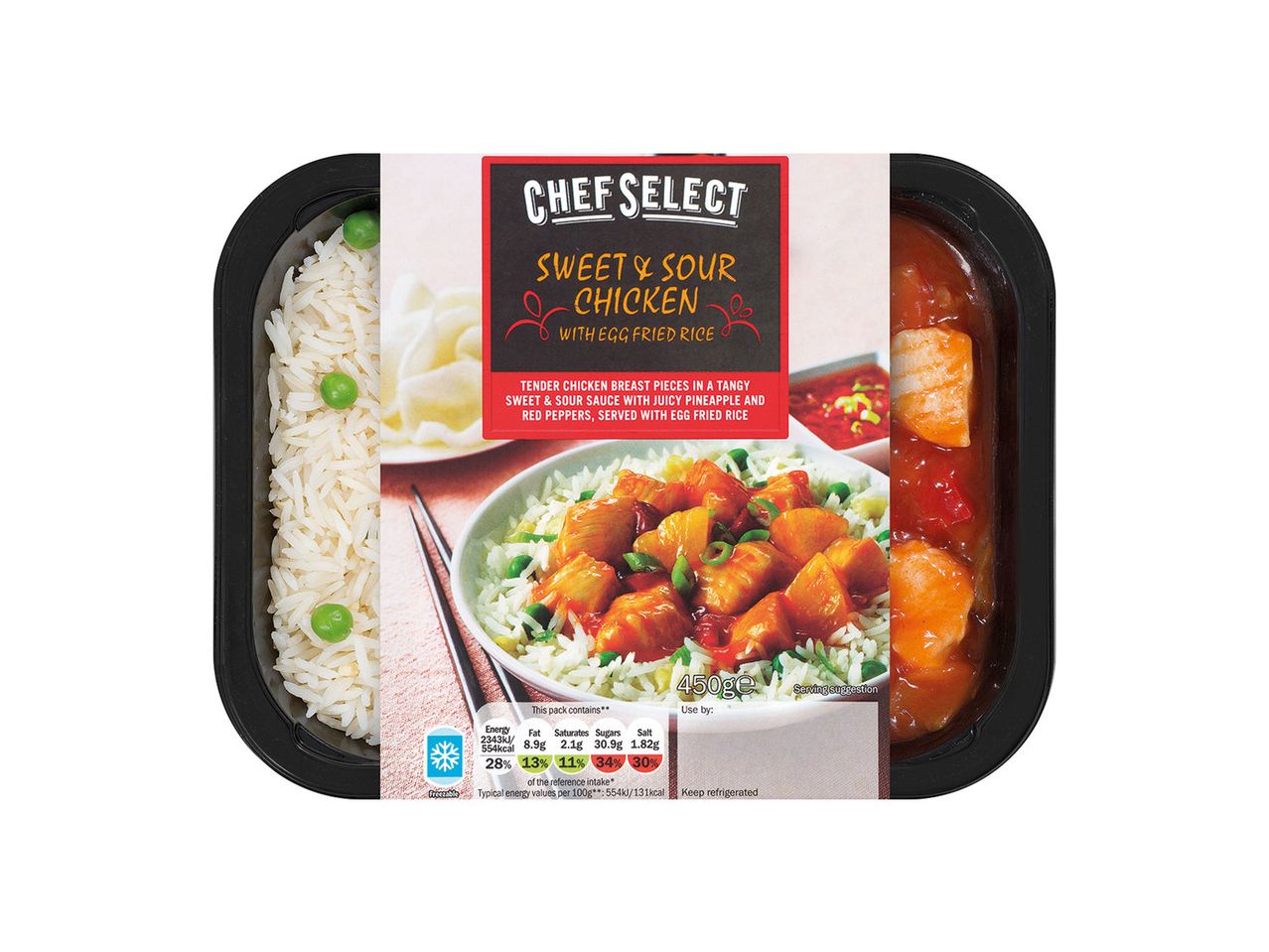 Chef Select: Sweet & Sour Chicken with egg fried rice. Ready meal.
