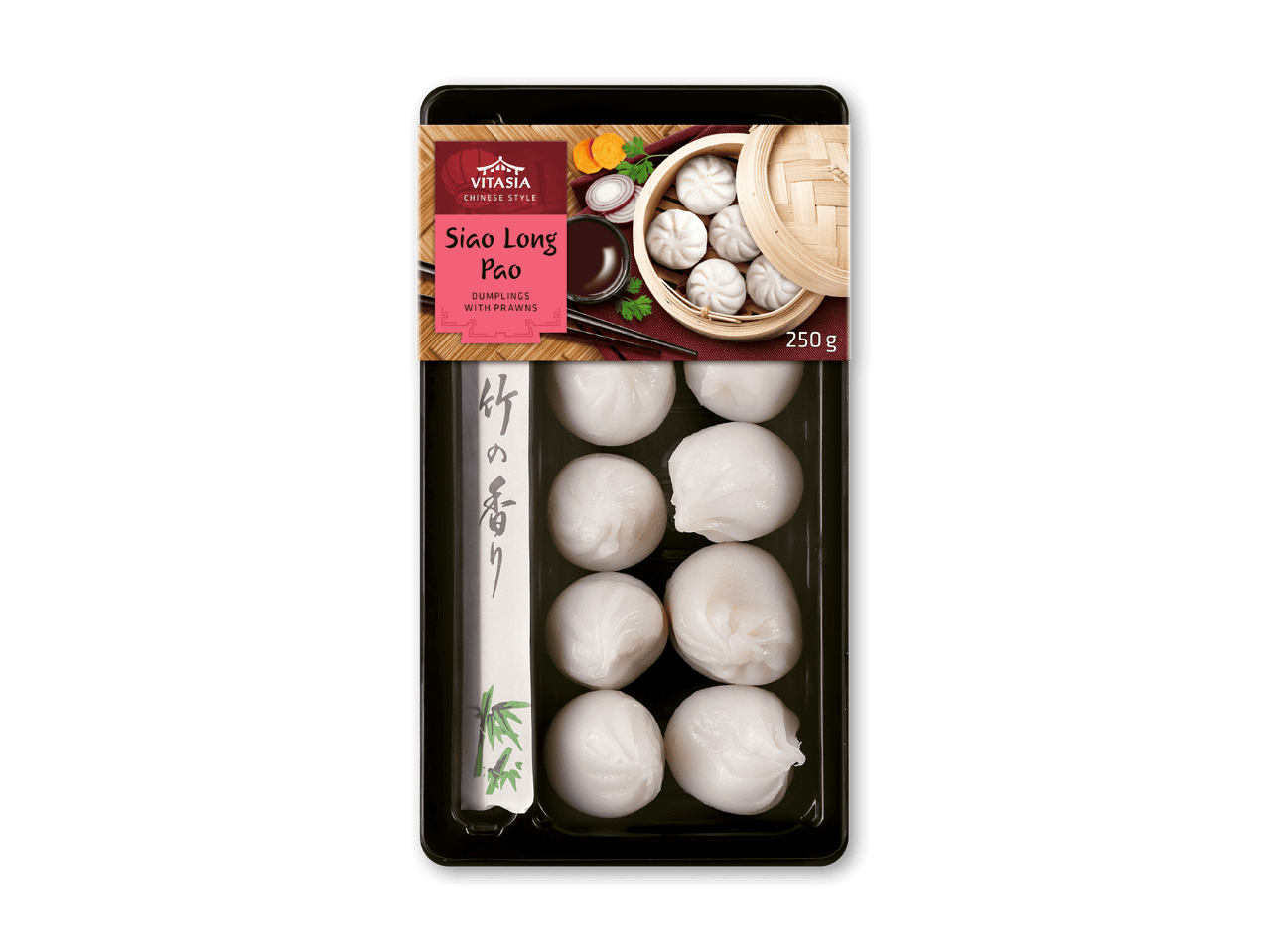 Pakke med kinesiske rejedumplings og spisepinde, med et billede af dampede dumplings.