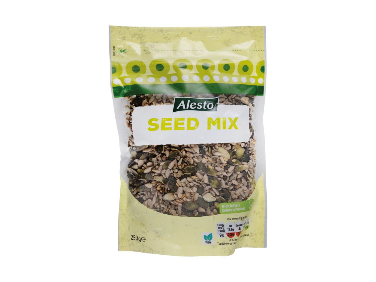 A clear bag of seed mix with a yellow label, showing nutritional information and a 'tear here' instruction.