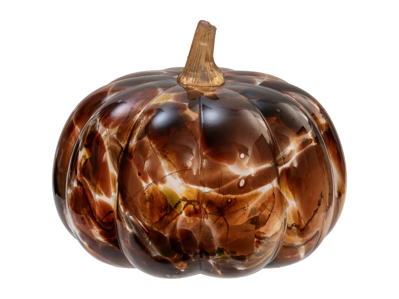Brown glass pumpkin decoration with a clear stem, featuring swirling patterns.