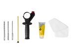Drill bit set with an auxiliary handle, grease tube, and cleaning cloth.