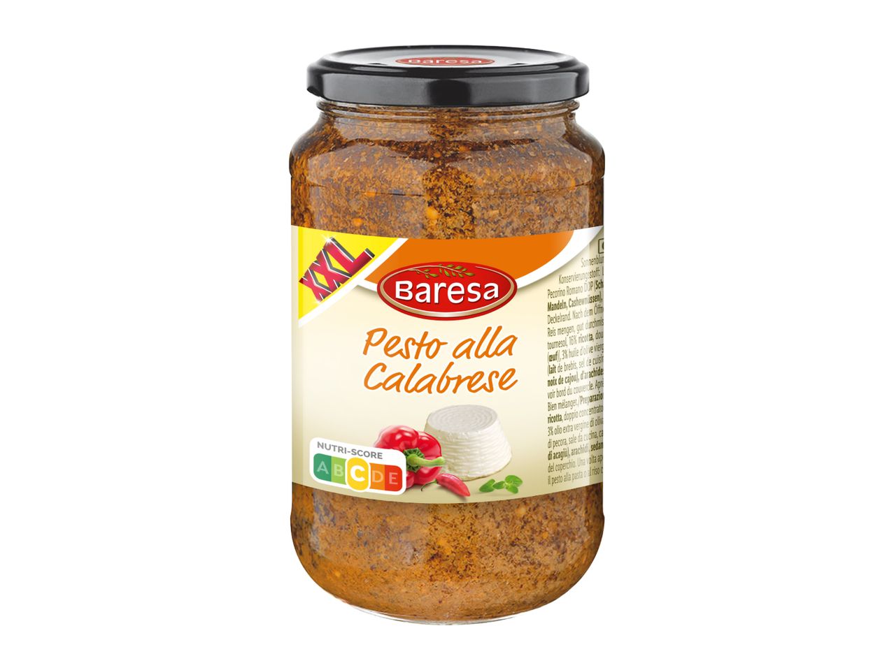 Jar of Calabrese pesto with red peppers and ricotta cheese, featuring a Nutri-Score label.