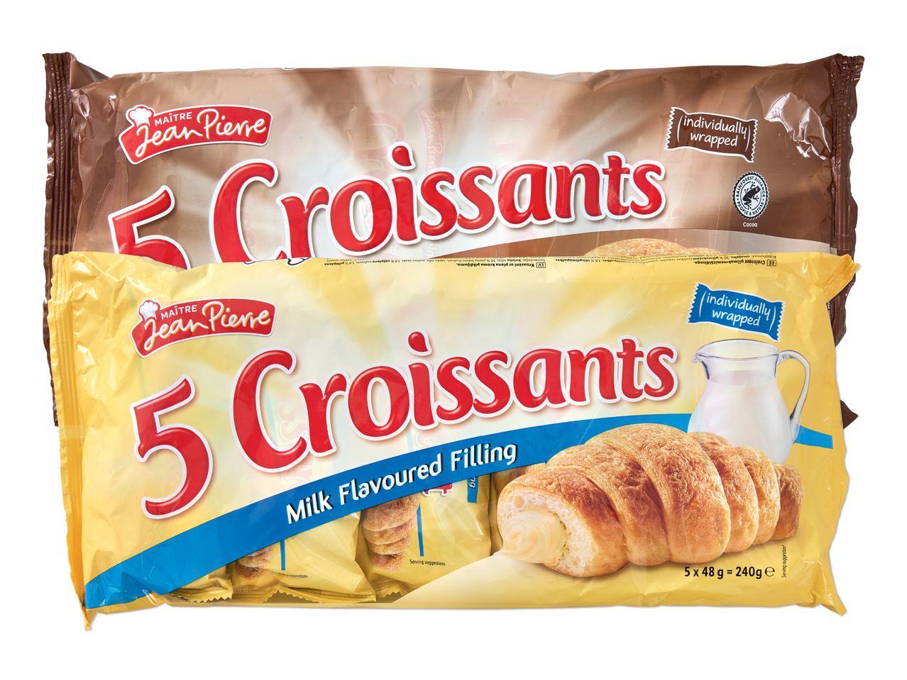 Divi iepakojumi Maître Jean Pierre kruasānu, viens ar kakao pildījumu un otrs ar piena garšas pildījumu.