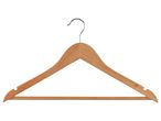 A natural-colored wooden clothes hanger with a metal hook.