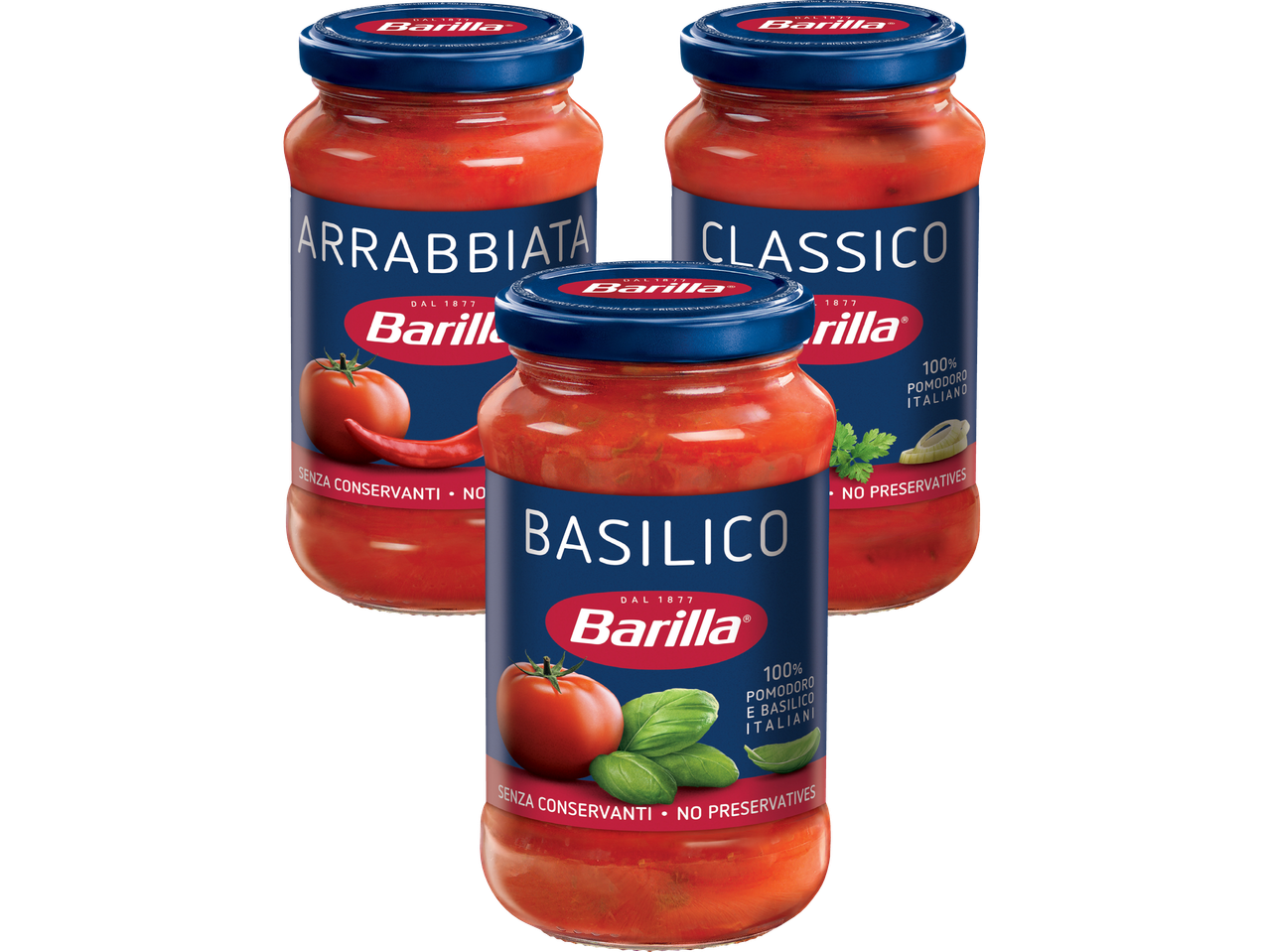 Barilla såser: Classico, Arrabbiata, Basilico.