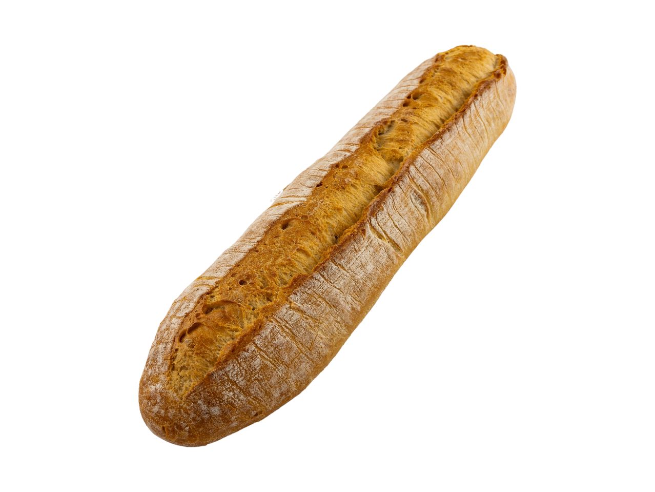 A golden-brown baguette with a crispy crust, dusted with flour, on a white background.