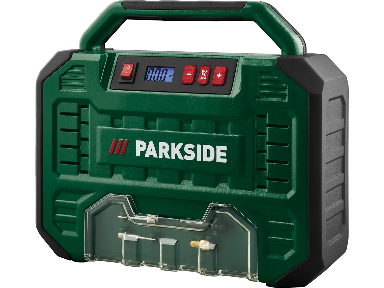 Преносим компресор PARKSIDE, зелен, с дигитален дисплей и аксесоари.
