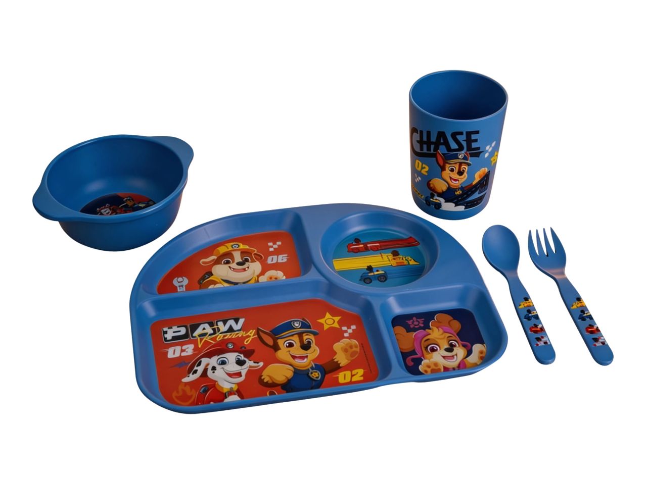 Blue children's dining set with Paw Patrol characters, including a plate, bowl, cup, fork, and spoon.
