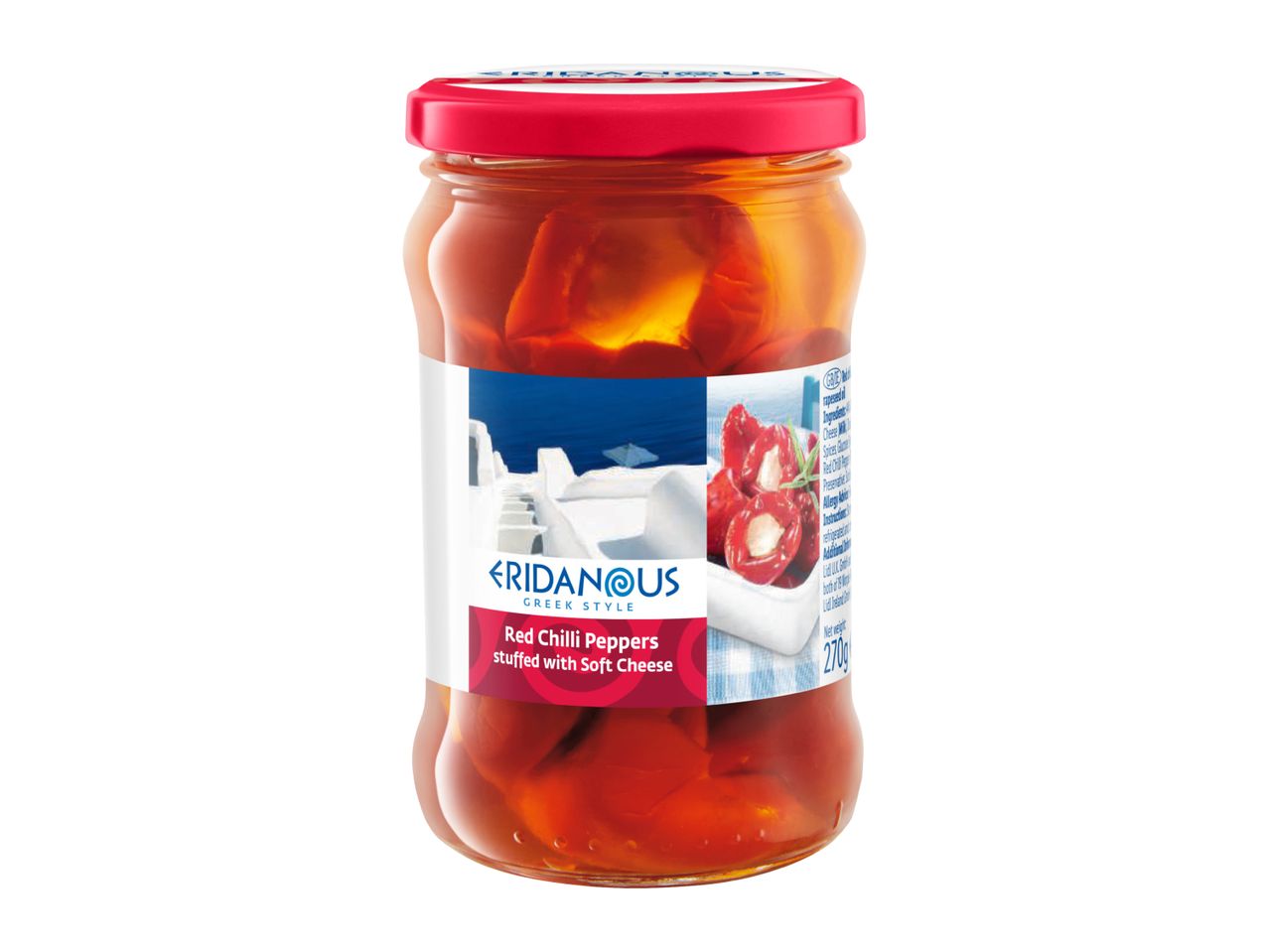 Eridanous Greek Style Red Chilli Peppers stuffed with Soft Cheese in a jar, 270g.