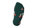 Dark green sock with a red and white mushroom pattern