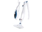 A white and blue handheld steam cleaner with detachable attachments.