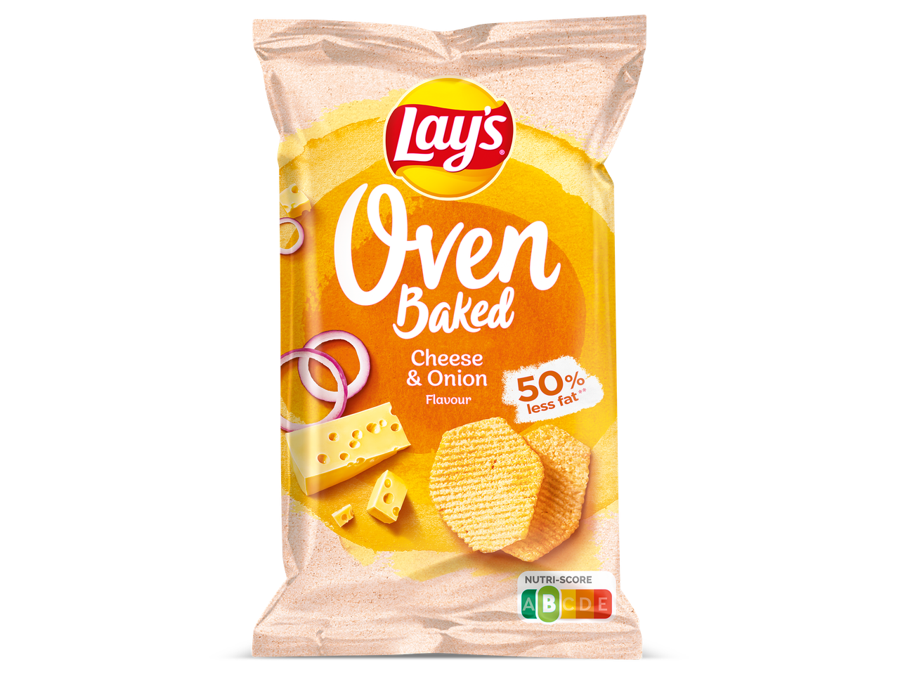 Zak ovengebakken chips met kaas- en uiensmaak, 50% minder vet, Nutri-Score B.