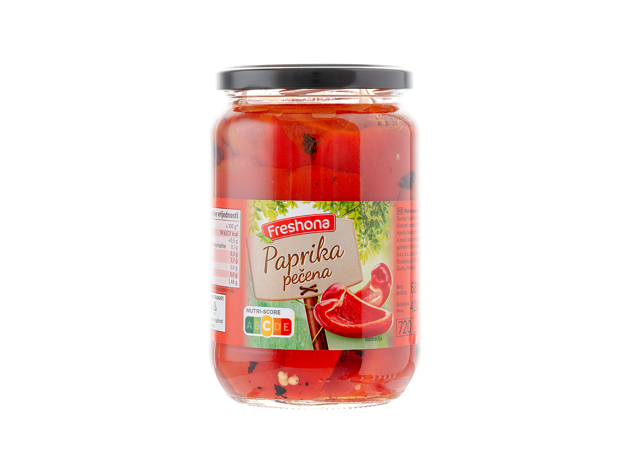 Staklenka Freshona pečene paprike s Nutri-Score oznakom.