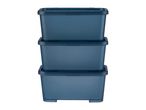 Three stackable navy blue plastic storage containers.