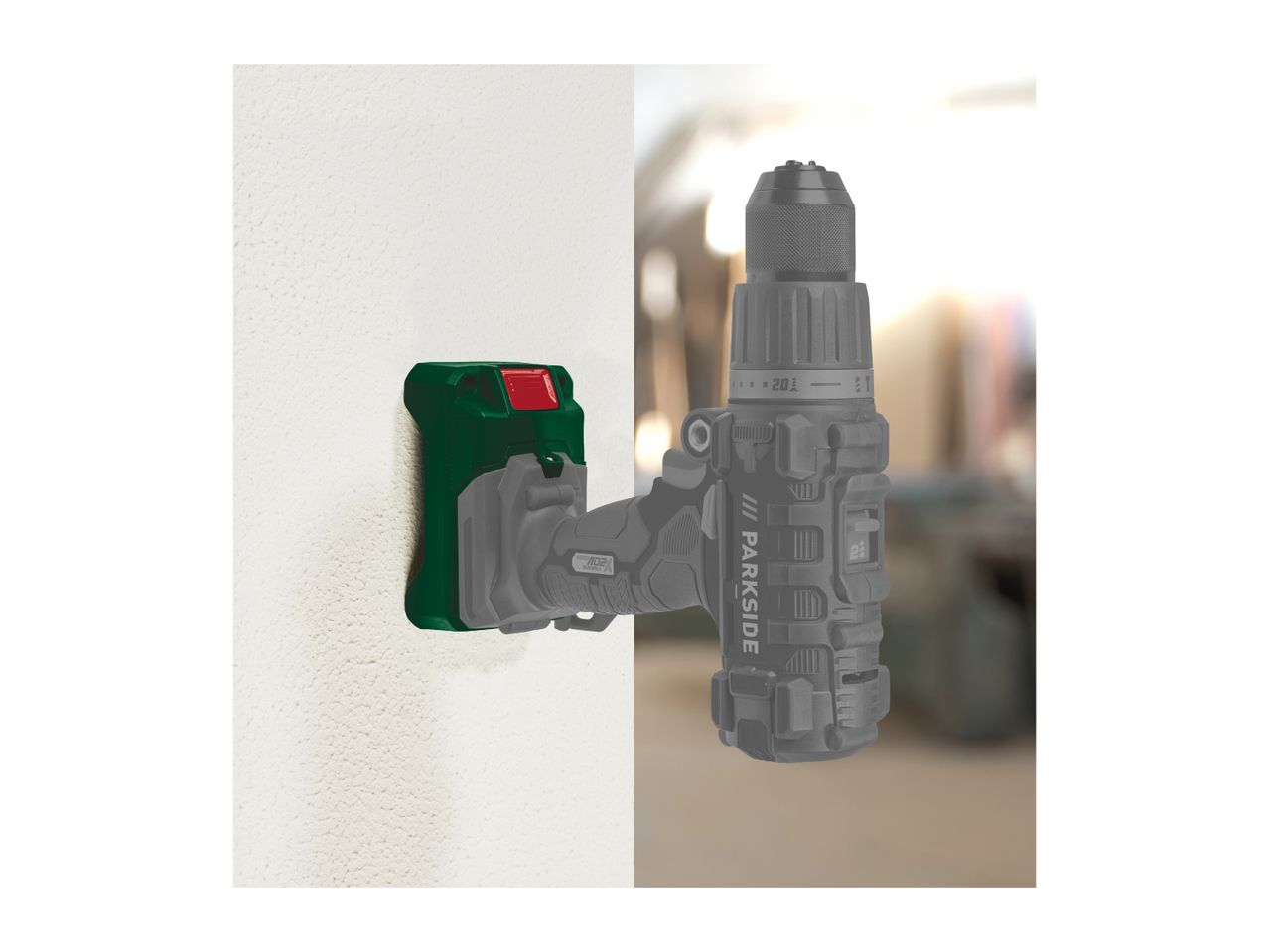 A Parkside cordless drill attached to a wall mount, with a blurred background.