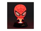 A glowing red superhero character lamp with a black base and a gold logo.