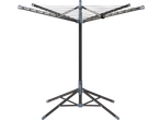 Rotary clothes dryer with a tripod base and multiple lines for hanging laundry.