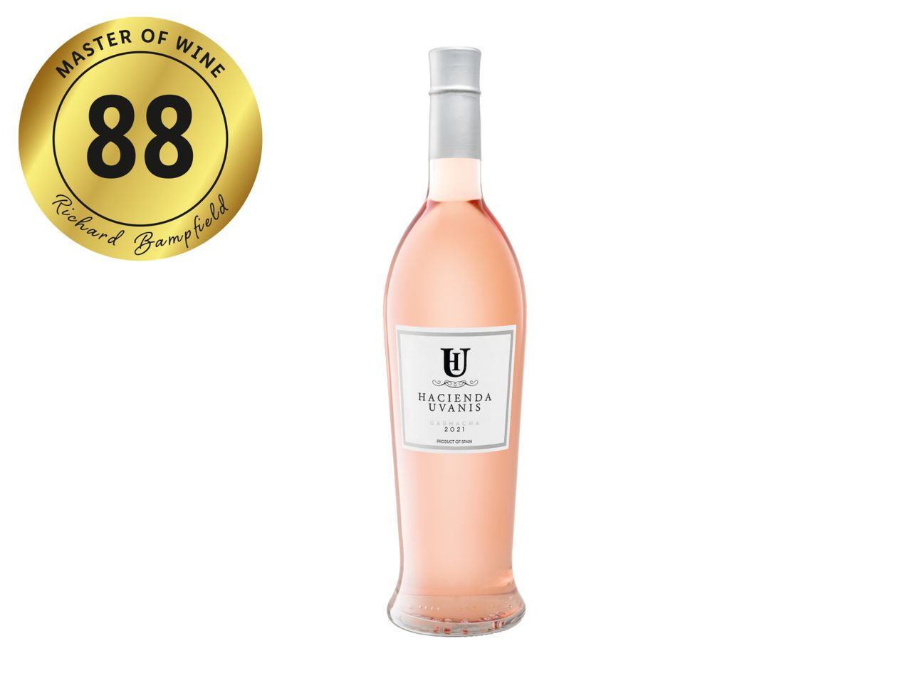 Rosé wine bottle with a white label and a gold Master of Wine 88-point rating.