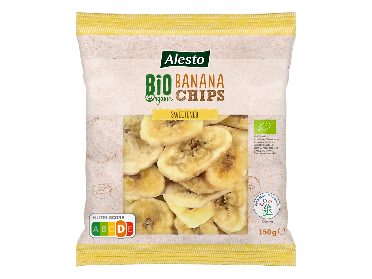 Alesto bio édesített banán chips.