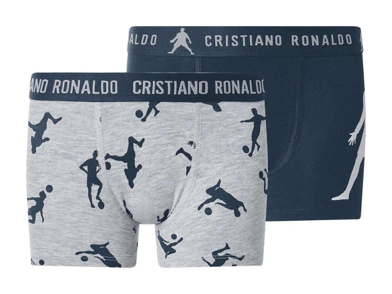 Due boxer, uno grigio chiaro con calciatori, l'altro blu scuro con logo.