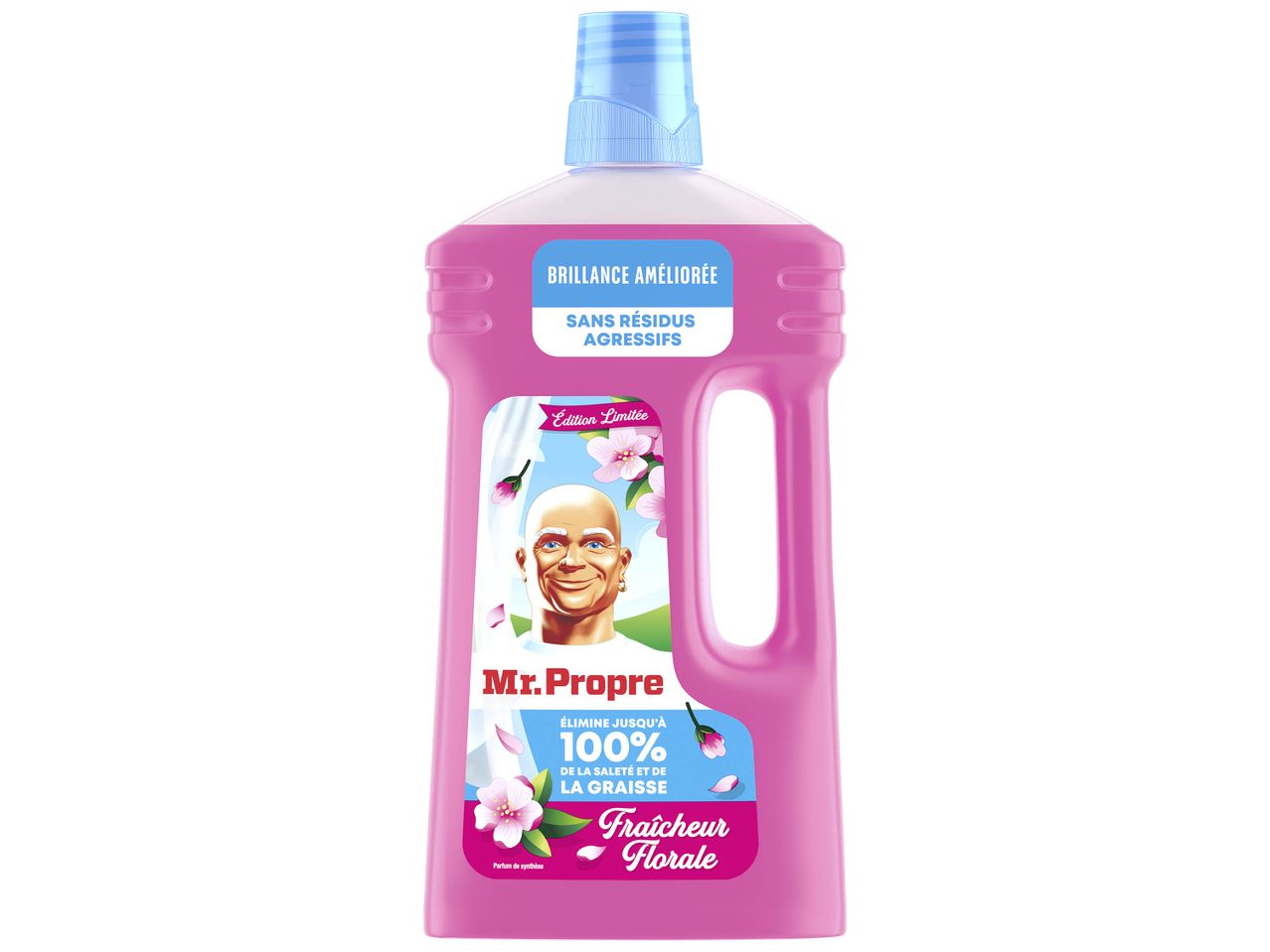 Flacon de nettoyant pour sols Mme. Proper parfum fleur de cerisier.