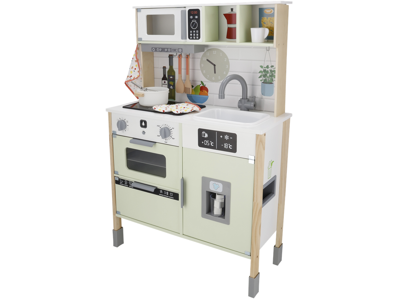 A wooden play kitchen with a microwave, oven, sink, and refrigerator.