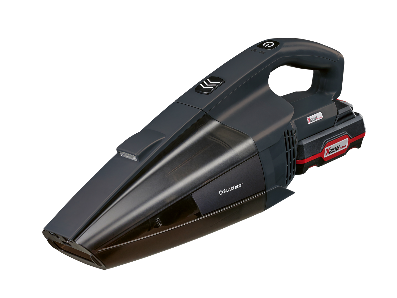 Aspirateur à main sans fil gris et noir avec batterie amovible et logo X20V Team.