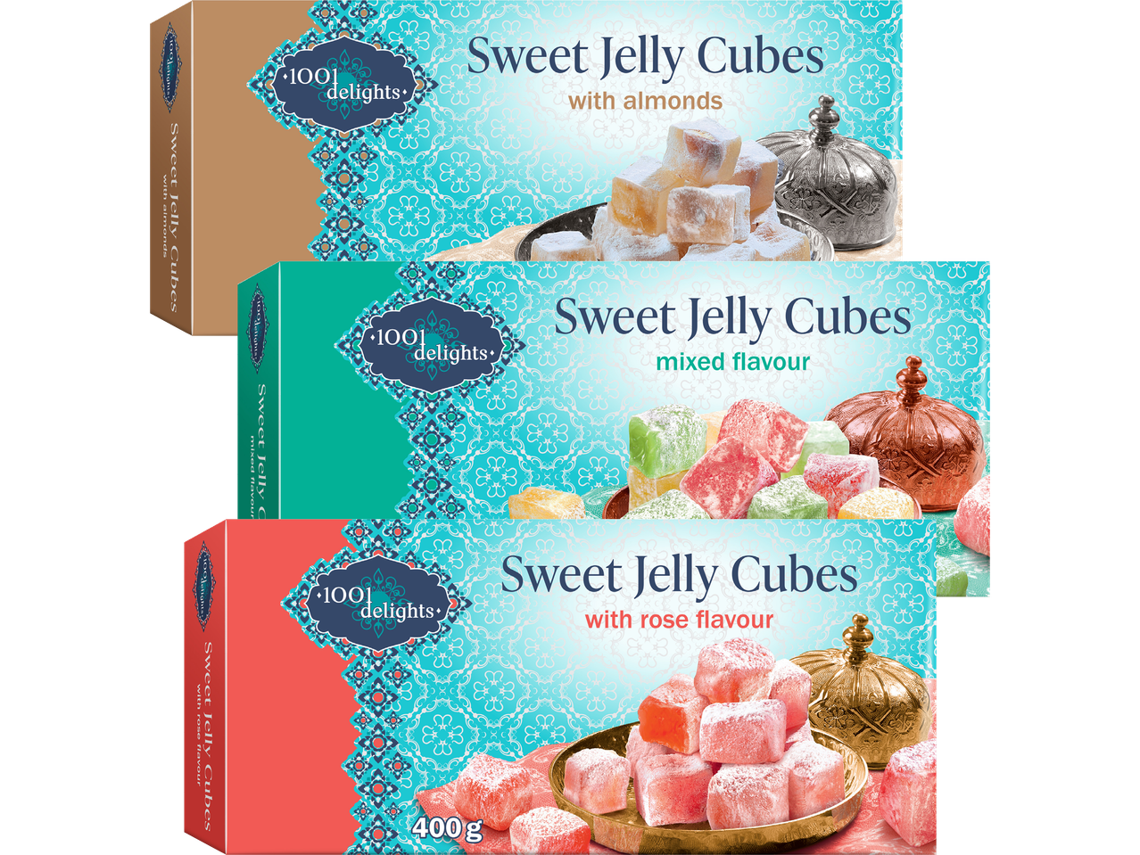 Tre förpackningar med gelégodis: mandel, blandad smak och ros.