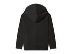 Back view of a plain black hoodie with a hood and long sleeves.